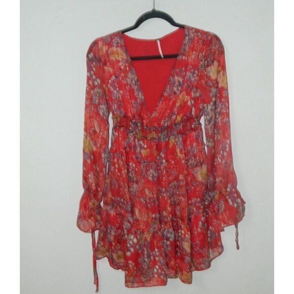 Free People Mini Dress Closer to the Heart Red Floral Boho Chic X-Small - Picture 5 of 11